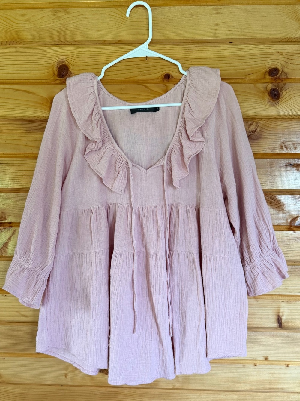 Zesica Soft Pink Ruffle V-Neck Peasant Top